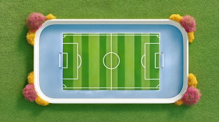3D Aerial View of Symmetrical Sports Field with Goalposts and Grid Markings for Stadium Planning, Tactical Presentation, or Branding Use