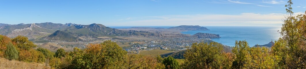 Obraz premium Panorama of Sudak valley from Perchem Mountain, Crimea, Russia.