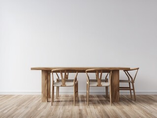 Minimalist dining room with long wooden table and six light beige upholstered chairs against a white wall