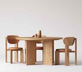 Round wooden dining table with four matching chairs, minimalist design, light wood tone, simple setting