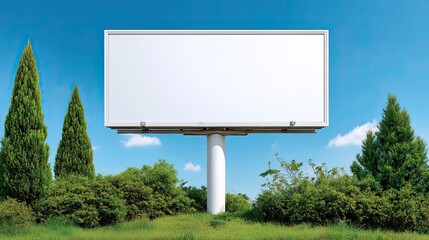 Close-Up of Clean White Blank Billboard under Bright Summer Sky with Sunshine and Greenery in Outdoor Setting