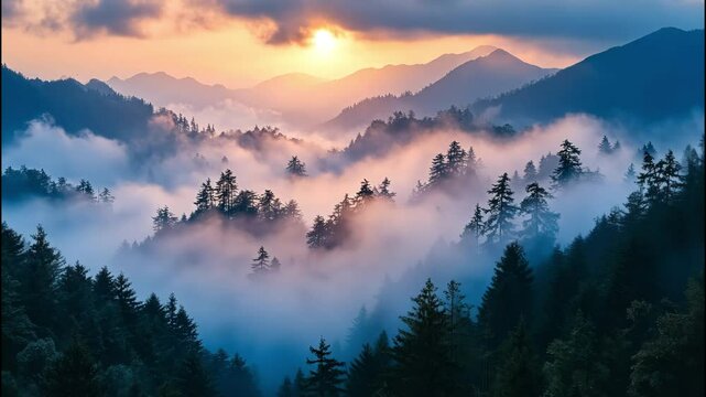 Dreamy foggy mountain landscape with warm golden sunrise above peaks. 