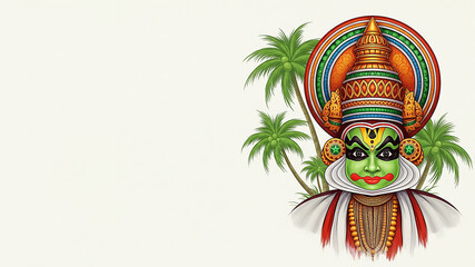 Kathakali Dancer Face with Coconut Trees – Artistic Cultural Canvas, Onam Festival