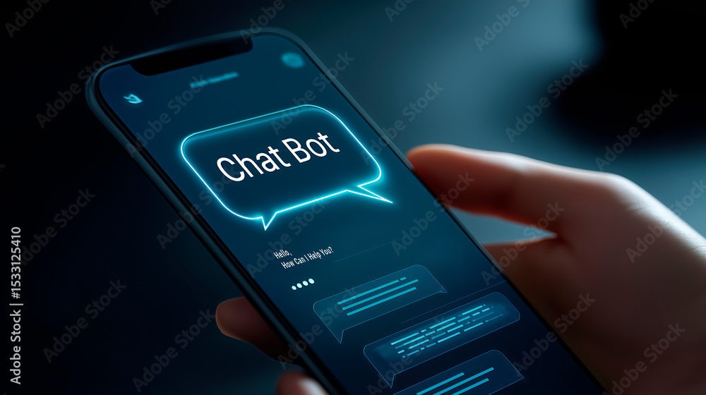 Poster hand holding smartphone with glowing ai chatbot interface – mobile virtual assistant, smart customer