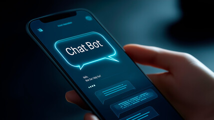 Hand Holding Smartphone with Glowing AI Chatbot Interface – Mobile Virtual Assistant, Smart Customer Support, Modern Tech UI, Digital Communication, Chat Bot Design