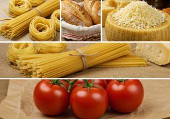 Italian Food Collage,  Pasta, Bread, Cheese, and Tomatoes