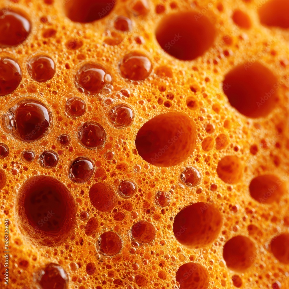 Poster exploring the intricate orange sponge texture highlighting bubbles and cavities in a close-up view