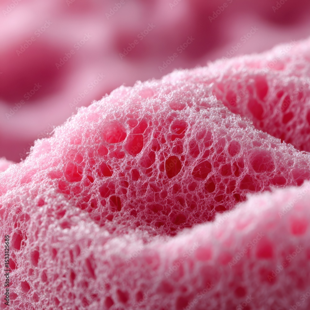 Poster exploring the intricate texture of a pink bath sponge in a close-up macro shot revealing its unique 