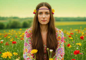 Portrait of a beautiful young woman with a flower headband and long hair, sitting in a vibrant wildflower meadow