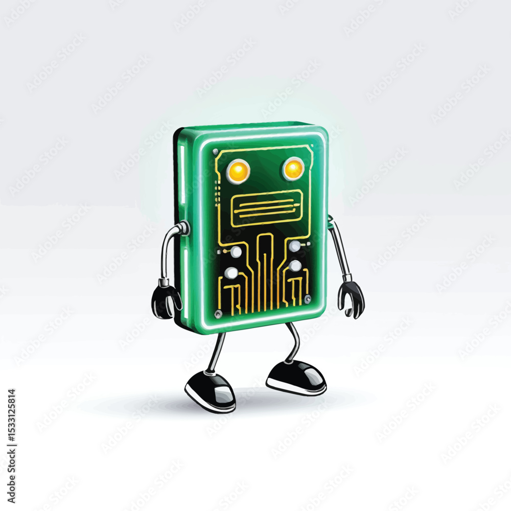 Poster whimsical green circuit board character illustration robotics concept for technology designs and edu