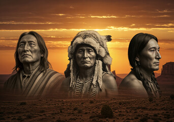 Three Indigenous individuals depicted against a stunning Monument Valley sunset, reflecting cultural heritage and the spirit of the natural landscape.