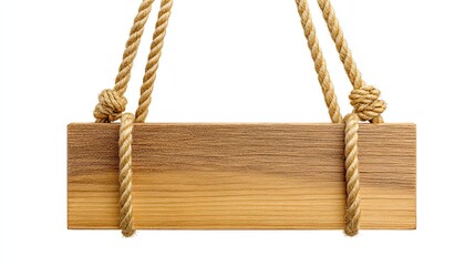 Wooden Hanging Sign Framed by Rope Edges Isolated on White Background for Text or Image Placement
