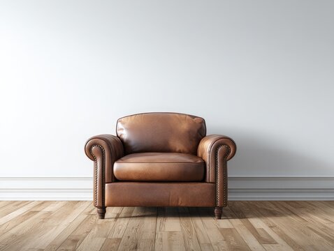 A brown leather armchair sits against a white wall, centered on a light wood floor in a minimalist room