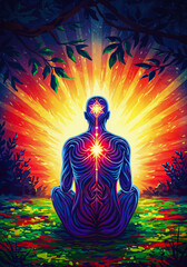 Vibrant artwork portraying a meditative figure with a focus on the chakras illuminating against a majestic sunrise, representing spiritual alignment and mindfulness