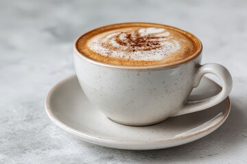 Obraz premium Cappuccino delight on a clean white table inviting moments of relaxation and warmth