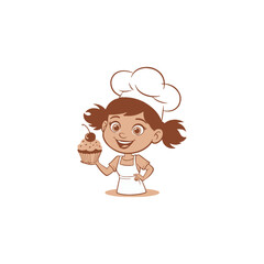 Cute Girl Chef Cartoon Vector Holding Cupcake