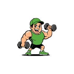  Cartoon Bodybuilder Lifting Dumbbells Vector Illustration