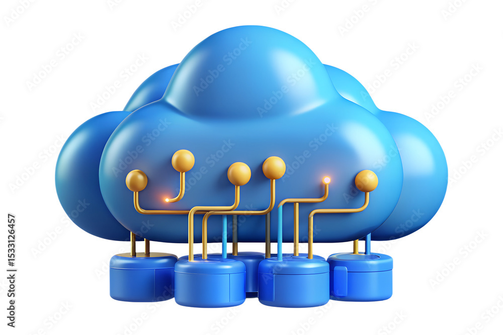 Poster 3d render of cloud computing network with servers and connections