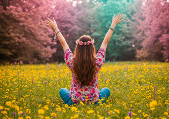 Woman with arms raised in a field of yellow flowers, wearing a floral crown and colorful shirt, facing away from the camera