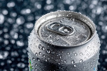 Condensation droplets shimmer on cold surface of a white beverage can against a dark backdrop in a refreshing summer setting