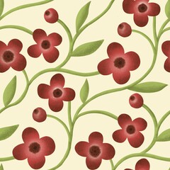 Seamless pattern with red flowers and green leaves on beige background