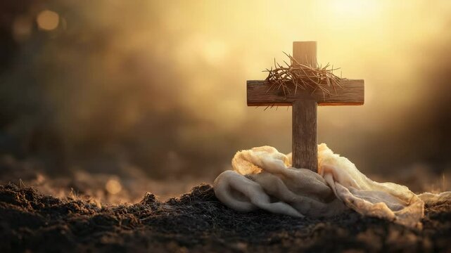 Wooden Christian cross with crown of thorns and cloth illuminated by warm sunset light, emotional religious symbolism with center copy space, ideal for Easter promos, spiritual visuals, memorial intro