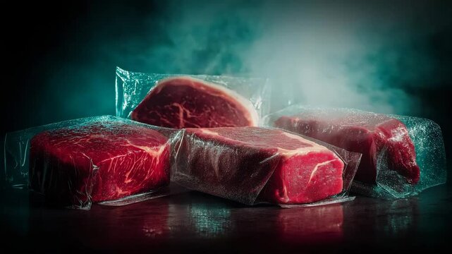 Fresh raw beef steaks in vacuum-sealed packaging placed on dark reflective surface with dramatic lighting, high-resolution video background for meat branding, butcher shops, food industry promotions a