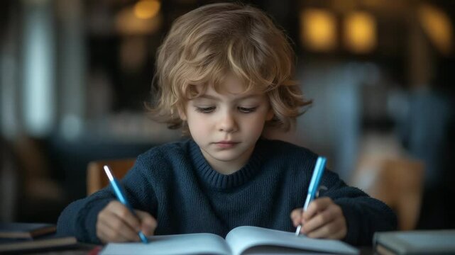 Blonde curly-haired boy writing with both hands in open notebook at cozy indoor table, symbol of ambidextrous brain development and child education, video background with soft bokeh and copy space
