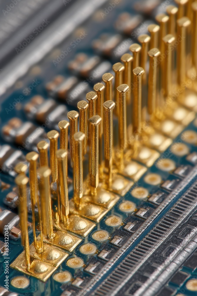 Poster close-up exploration of intricate cpu contact surface with detailed gold connectors in sharp focus