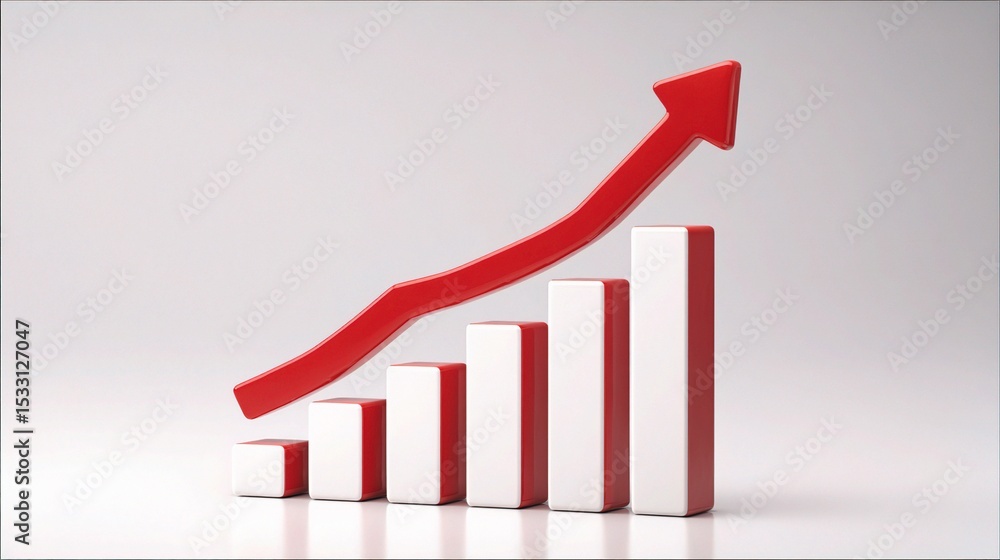 Poster sharp red arrow ascending over simple white bar chart visual