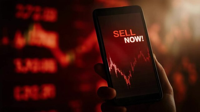 Smartphone screen showing "SELL NOW" alert with crashing red candlestick chart in dark financial environment, concept of stock market panic, crypto crash or trading urgency, ideal for fintech content,