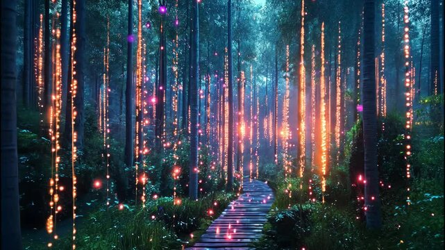 Magical glowing forest with blue and pink shimmering fantasy lights. 
