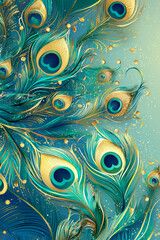 Elegant vector background with glowing abstract peacock feathers in gold and teal tones