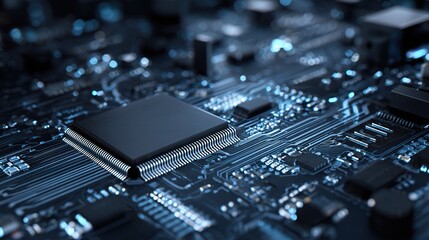 High-Tech Mainboard Render in Blue Tones Featuring Microchip Details