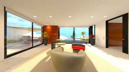 大きな窓があるリビングルーム　3DCGレンダリング