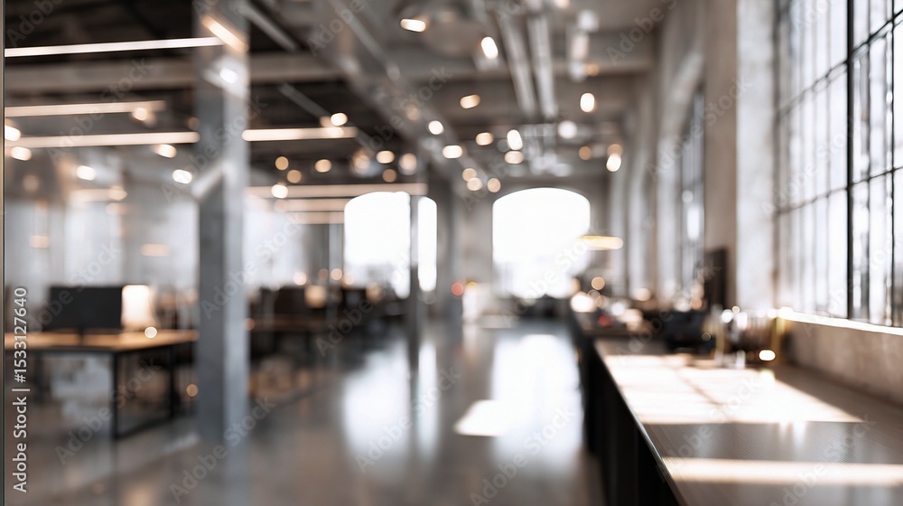 Poster blurred open office space with diffused light and modern design