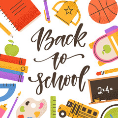 Back to school vector banner. Hand written text with school symbols. School bus, blackboard, books, green apple, backpack, in flat style