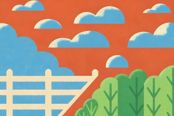 Cute illustration showing a bright orange sky with light blue clouds, a white fence and green bushes. Calmness, freedom, nature. Design that requires freshness, cuteness, stylish background.