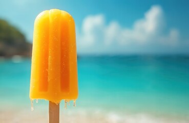 Vivid orange mango popsicle drips against turquoise sea sandy beach. Summer tropical dessert, sweet refreshing treat, vacation, holiday. Sweet cold ice cream, sunny day snack at ocean shore.
