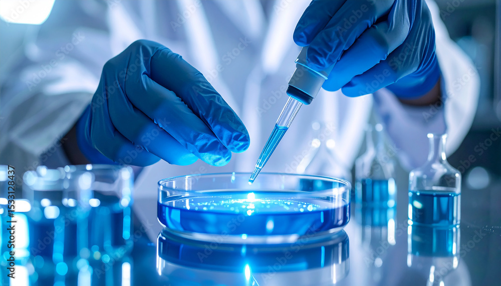 Poster scientific precision: a close-up shot of a scientist's hands conducting a precise experiment in a la