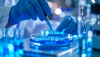 Science Lab Precision: A scientist carefully conducts a lab experiment, pipetting liquid into a petri dish, symbolizing the pursuit of discovery, knowledge.