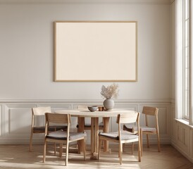 Minimalist dining room with light wood table and chairs, a large blank framed picture, and soft natural light