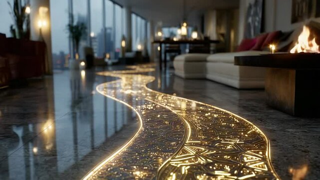 Interior Mewah dengan Lantai Futuristik Bercahaya dan Pemandangan Kota di Malam Hari

