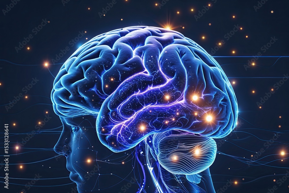 Poster next-gen brain model showcasing indigo neural patterns and bright pulses in digital innovation