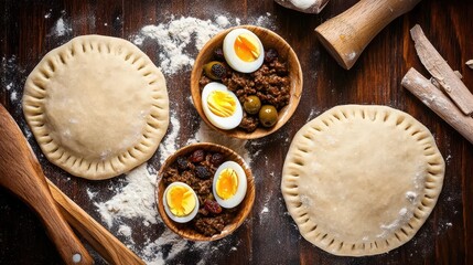 Empanada filling ingredients displayed on wooden surface with seasoned ground beef mixture containing raisins alongside raw dough circles and sliced hard-boiled eggs