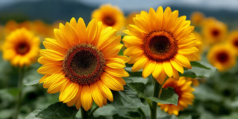 Fototapeta premium vibrant sunflower field in full bloom under a bright summer sky, cheerful and abundant