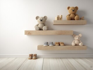Three wooden shelves against a white wall display teddy bears, baby shoes, and wooden blocks; minimalist nursery decor