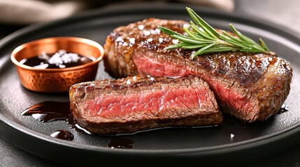 Prime ribeye steak sliced to display perfect doneness with rich marbling on elegant black plate accompanied by copper dish of gourmet salt and fresh rosemary
