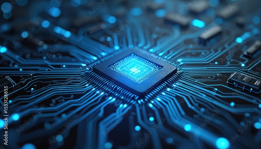 Poster futuristic illustration cpu processor microchip circuit board. high tech concept graphic for ai, dat
