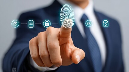 Professional's finger initiates secure digital access via biometric fingerprint scan, activating advanced data protection and privacy interface with glowing icons